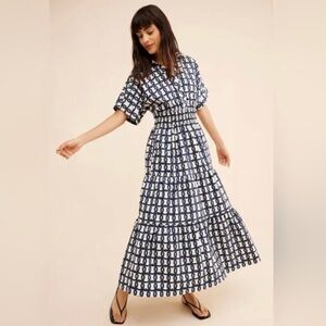 Anthropologie Navy and White Patterned Midi Dress